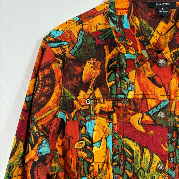 Kaktus Abstract Art to Wear Cotton Red Orange Button Up Jacket | Size Large - Picture 3 of 8